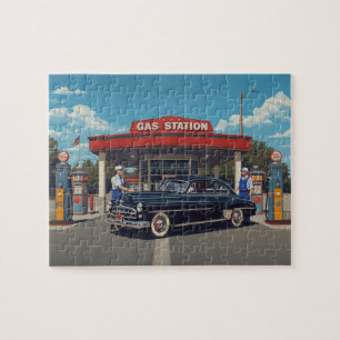 Vintage Tankstelle Klassischer schwarzer Wagen 195 Puzzle