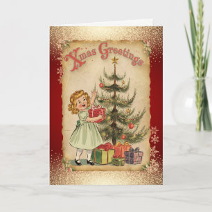 Vintage-Tannenbaum-Mädchen-Schneeflocken-Rote-Feie Feiertagskarte