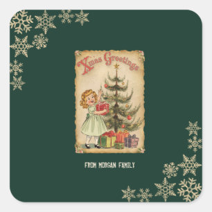 Vintage-Tannenbaum-Weihnachtsgeschenke für kleine  Quadratischer Aufkleber