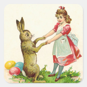 Vintage Tanz eines kleinen Mädchens mit Osterhase- Quadratischer Aufkleber
