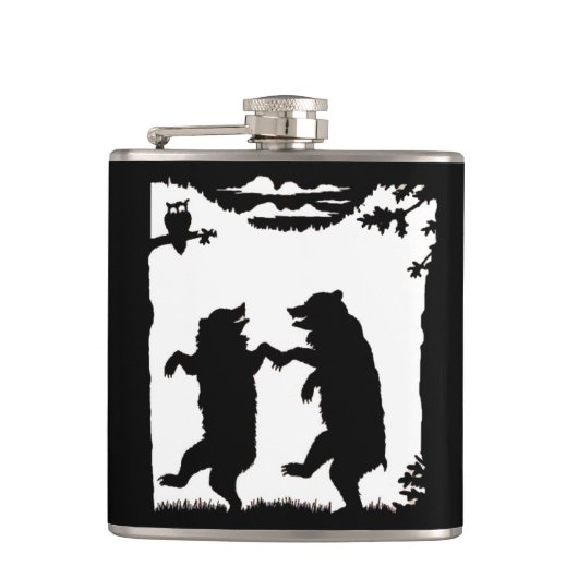 Vintage Tanzbären Schwarze Silhouette Bäume Owl Flachmann (Vorderseite)