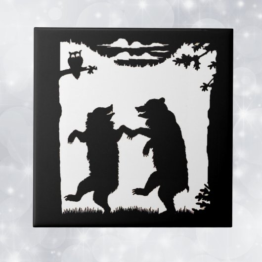 Vintage Tanzbären Schwarze Silhouette Bäume Owl Fliese