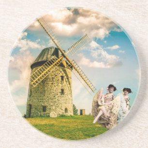 Vintage tanzende Blumenmädchen und Windmühle Getränkeuntersetzer