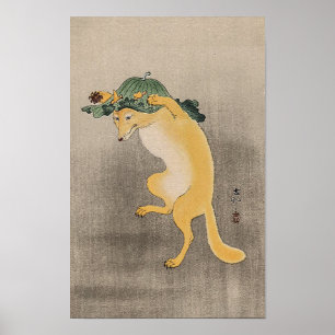 Vintage tanzender Fuchs mit Lotusblatt-Hut Poster