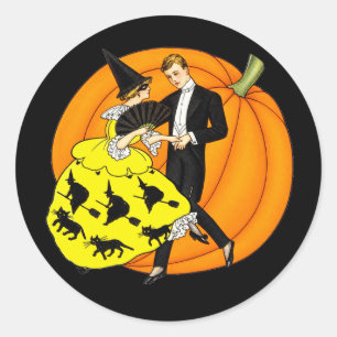 Vintage Tanzendes Halloween-Paar Kürbis Runder Aufkleber