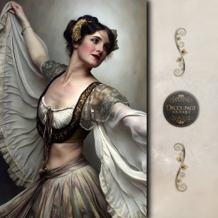 Vintage Tänzerin in Gold- und Elfenbein-Dekoupage Seidenpapier