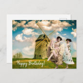 Vintage Tanzmädchen und Windmühle Geburtstag Postkarte (Vorne/Hinten)