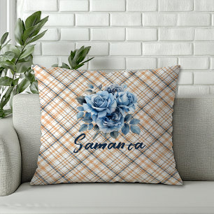 Vintage tartan Aquarell Rose beige blauer Name Kissen