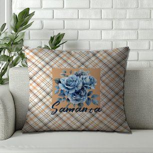Vintage tartan Aquarell Rose beige blauer Name Kissen