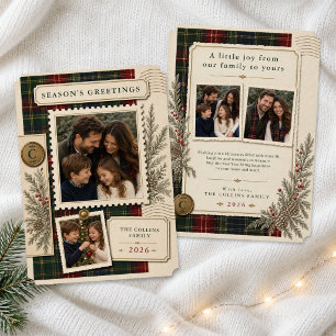 Vintage-Tartan-Briefmarken-Foto-Weihnachten Feiertagskarte