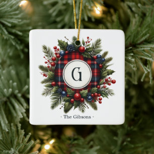 Vintage-Tartan-Monogramm-Foto-Feiertag Keramikornament