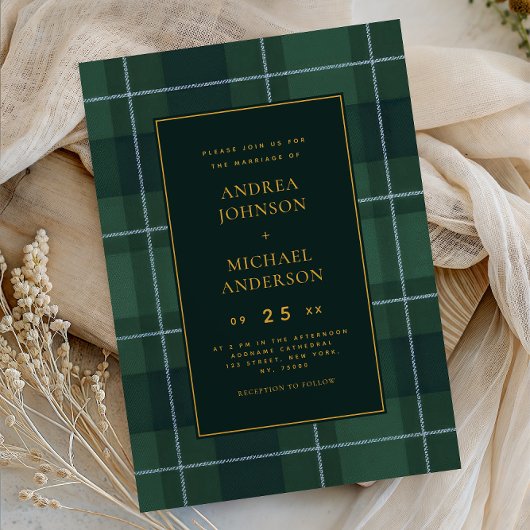 Vintage Tartan Polo Plaid Dark Green Wedding Einladung