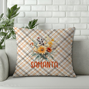 Vintage-Tartan-Wasserfarben-Wildblume-grüner Name Kissen