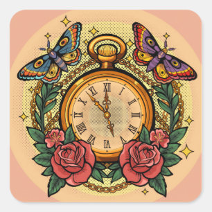 Vintage-Taschenuhr und Schmetterlings-Ästhetik Quadratischer Aufkleber