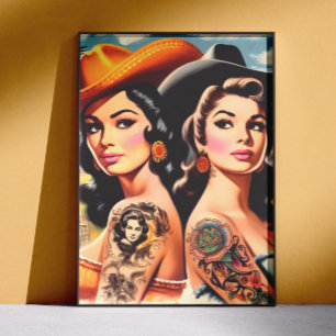 Vintage tätowierte Cowgirls Poster
