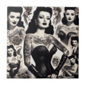 Vintage-Tätowierte-Goth-Frau-Collage Fliese (Vorderseite)