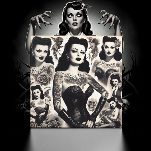 Vintage-Tätowierte-Goth-Frau-Collage Fliese