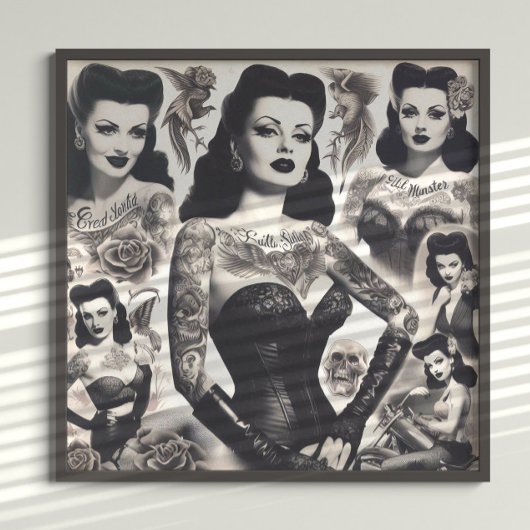 Vintage-Tätowierte-Goth-Frau-Collage Poster