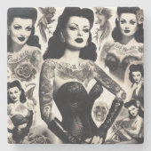 Vintage-Tätowierte-Goth-Frau-Collage Steinuntersetzer (Vorderseite)