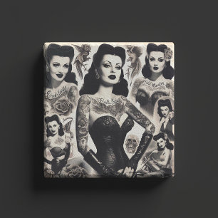 Vintage-Tätowierte-Goth-Frau-Collage Steinuntersetzer