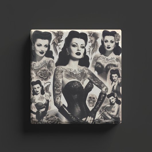 Vintage-Tätowierte-Goth-Frau-Collage Steinuntersetzer
