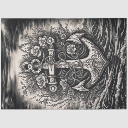 Vintage Tattoo Anchor - Schwarz-Weiß-Decoupage Seidenpapier (Vorderseite)