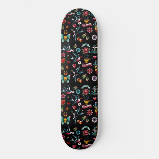 Vintage Tattoo Gemustert Skateboard (Vorderseite)