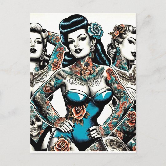 Vintage Tattoo Girls Postkarte (Vorderseite)