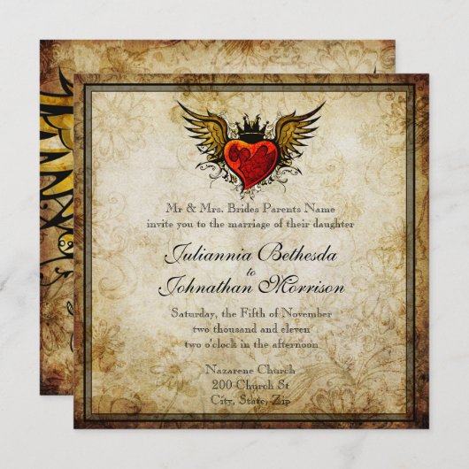 Vintage Tattoo Winged Heart Hochzeit Einladung (Vorne/Hinten)