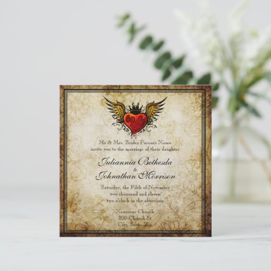 Vintage Tattoo Winged Heart Hochzeit Einladung (Stehend Vorderseite)
