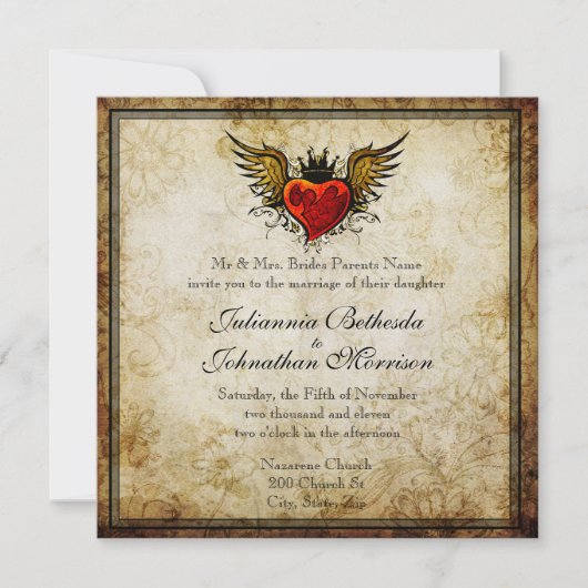 Vintage Tattoo Winged Heart Hochzeit Einladung (Vorderseite)