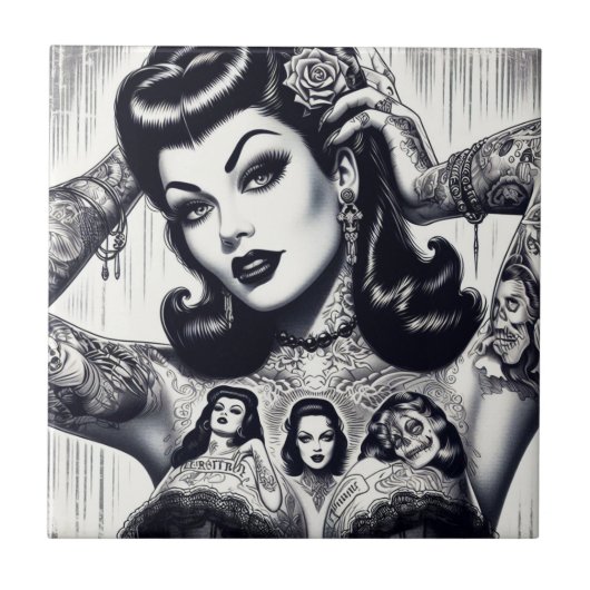 Vintage Tattooed Goth Girl Fliese (Vorderseite)