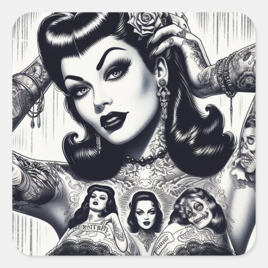 Vintage Tattooed Goth Girl Quadratischer Aufkleber (Vorderseite)
