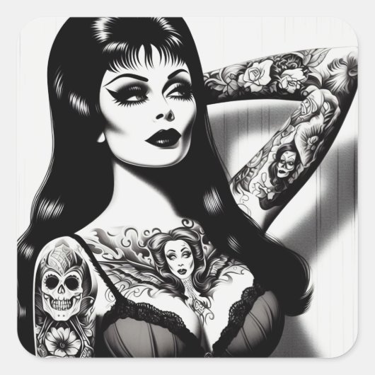 Vintage Tattooed Goth Girl Quadratischer Aufkleber (Vorderseite)