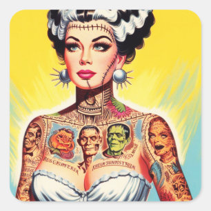 Vintage Tattoooid-Horror-Girl Quadratischer Aufkleber