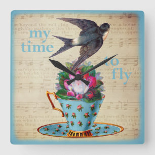 Vintage Teacup-Rosen und Fliegen-Schwalben-Vogel Quadratische Wanduhr