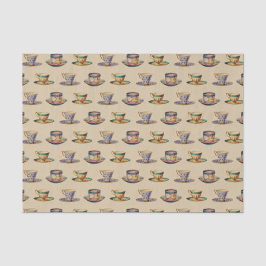 Vintage Teacups-Muster-Beige Seidenpapier (Vorderseite)