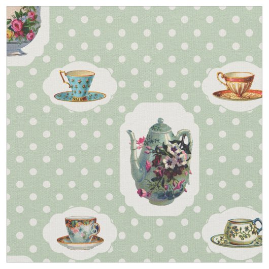 Vintage Teakups und Polka Docks Stoff (Nahaufnahme)