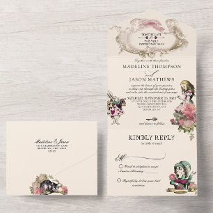 Vintage Teal Blush Alice im Wunderland Hochzeit All In One Einladung