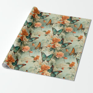 Vintage Teal Schmetterling Orange Blumen Garten Geschenkpapier