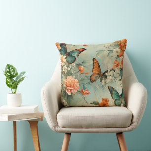 Vintage Teal-Schmetterling Orange Blumen Garten Kissen