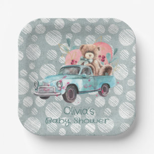 Vintage Teal Truck Teddy Bear Baby Shower Pappteller
