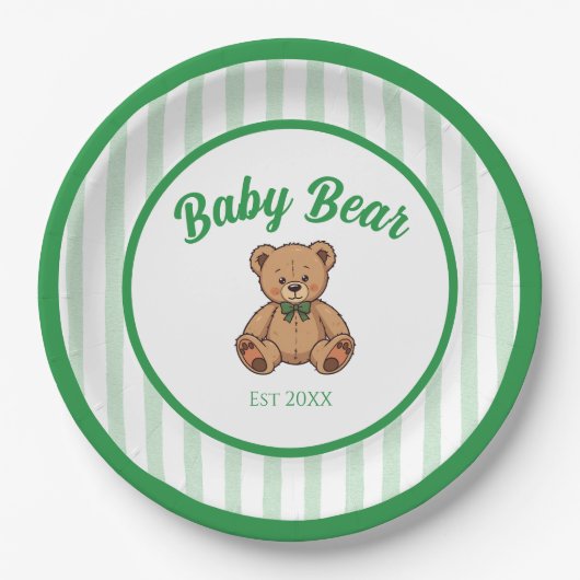 Vintage Teddy Bear Green Baby Shower Plates Pappteller (Vorderseite)