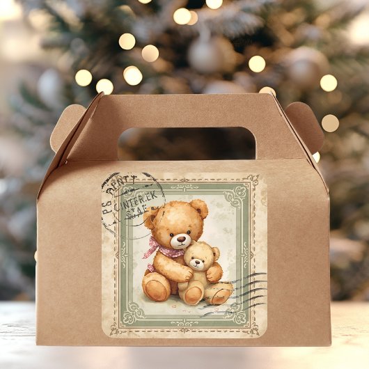 Vintage Teddy Bear Hug Postage Stamp  Quadratischer Aufkleber