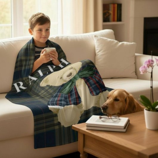 Vintage Teddy Bear Plaid Name Blanket Fleecedecke