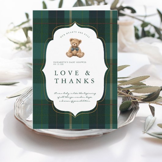 Vintage Teddy Bear Plaid Polo Baby Shower Dankeskarte