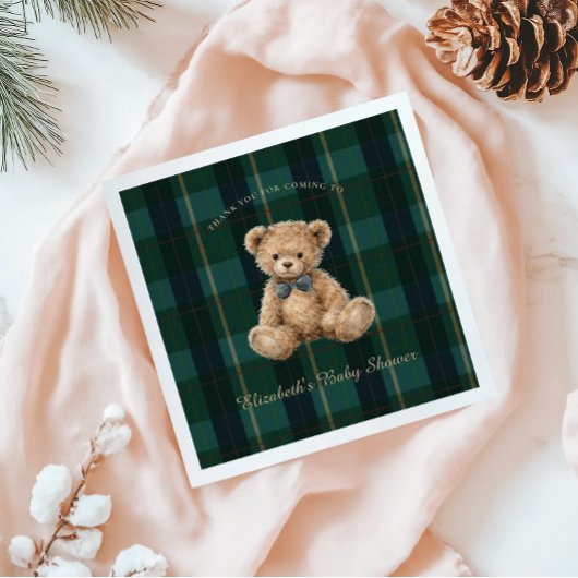 Vintage Teddy Bear Plaid Polo Baby Shower Serviette