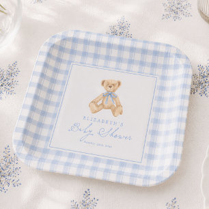 Vintage Teddybär Blau Gingham Baby Shower Pappteller