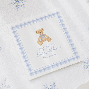 Vintage Teddybär Blau Gingham Baby Shower Serviette