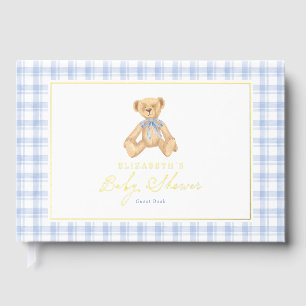 Vintage-Teddybär-Blaue-Gingham-Baby-Party Gästebuch